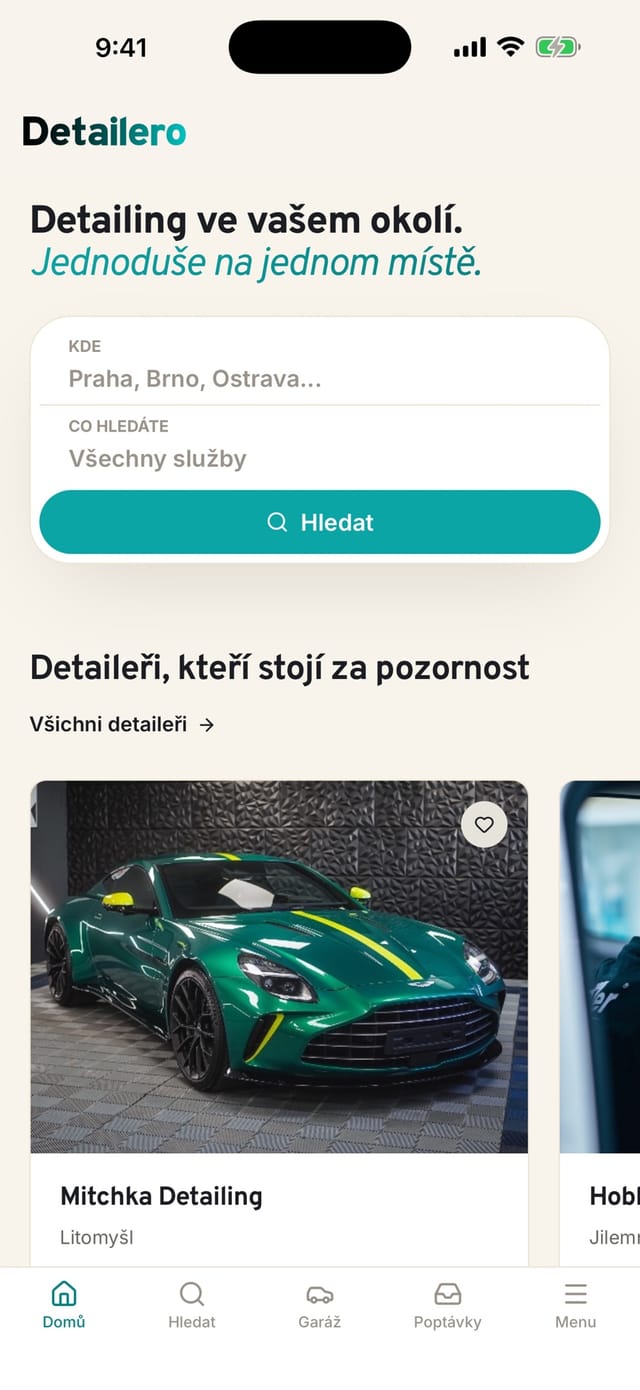 Úvodní obrazovka aplikace Detailero s hledáním detailerů a doporučenými studii